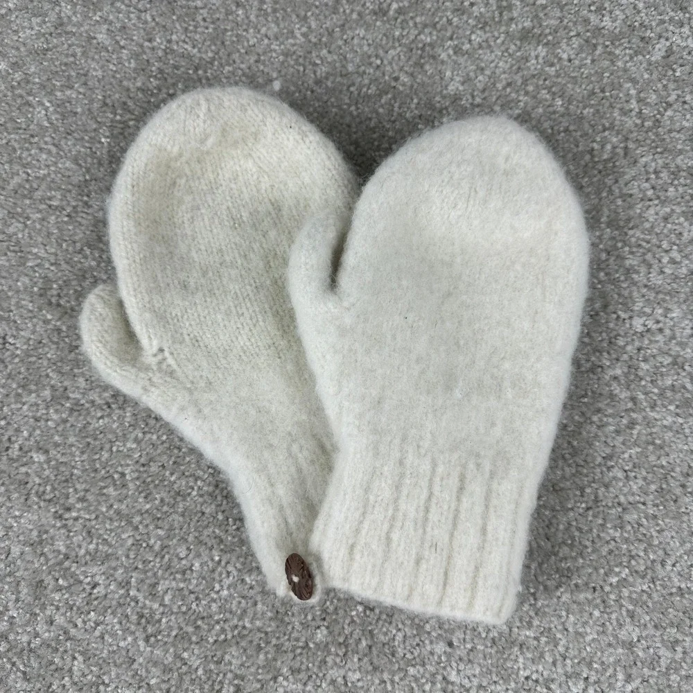 Handmade Wool Knit Mittens Cream White Winter Gloves with Button Detail